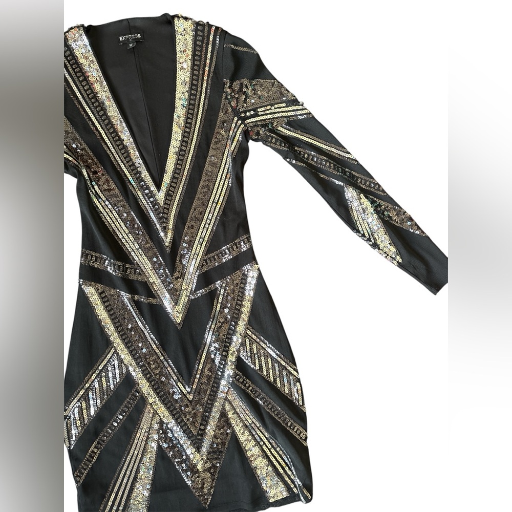 Express Long Sleeve Black Dress Silver Sequins form fitting XS
